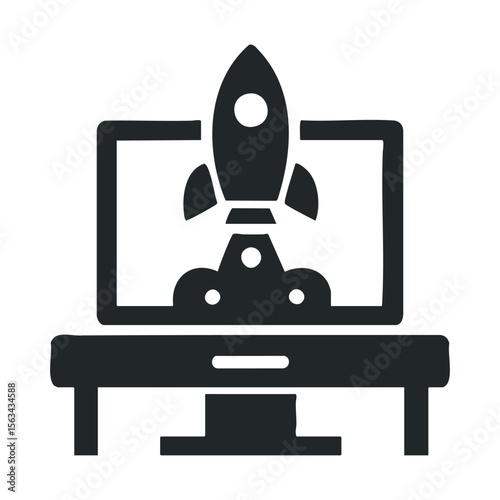 Rocket launch icon on computer screen representing startup success and innovation