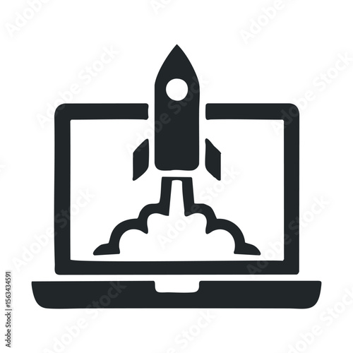 Rocket launch icon on laptop screen: symbol of innovation and technology