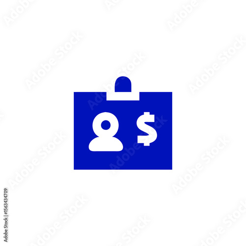 Blue employee badge icon with person symbol and dollar sign, salary concept