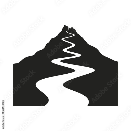 Winding mountain road silhouette leading to the peak isolated on white background