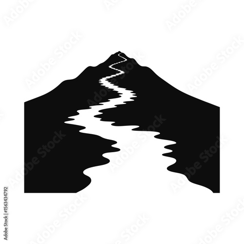 Winding path up a mountain silhouette isolated on white background