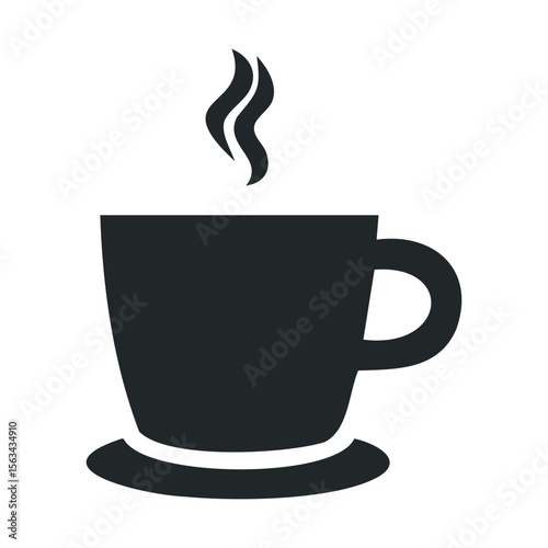 Minimalist black coffee cup icon with steam on white background