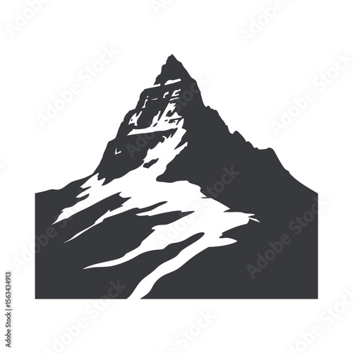 Dark grey mountain peak silhouette with snow patches isolated on white background silhouette
