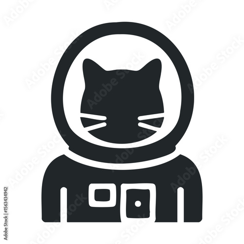 Silhouette of cat in astronaut suit with helmet in black and white design