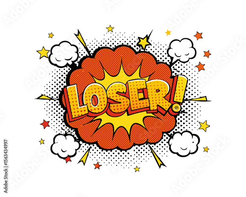 Retro comic book loser speech bubble with stars and explosions vector illustration