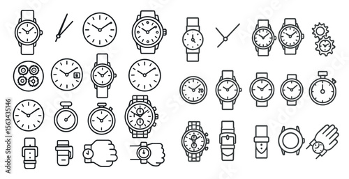 Collection of watches and clocks in various styles and sizes. The watches are all lined up in a row, with some of them being more prominent than others. Scene is one of organization and order