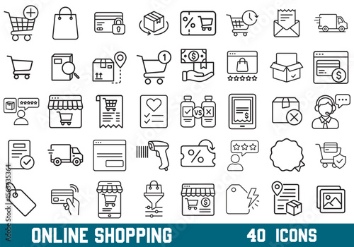 Online Shopping Line Icons – 40 E-commerce & Payment Outline Symbols
