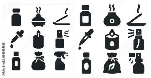Collection of various items related to aromatherapy and relaxation. The items include bottles, vases, and bags, all of which are used for different purposes such as holding essential oils, candles