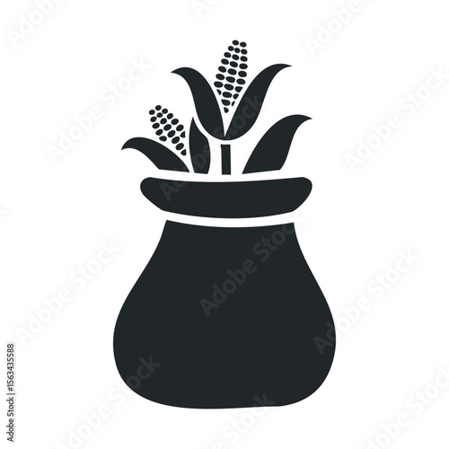 Black silhouette of grain sack with corn stalks