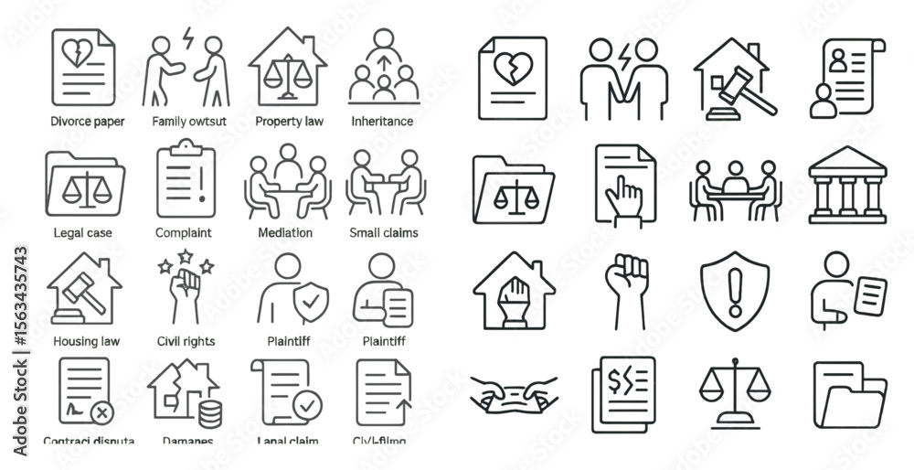 Set of icons for legal matters. The icons include a house, a person holding a sign, a person holding a gavel, a person holding a book, a person holding a pen, a person holding a clipboard