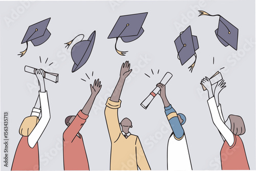 Many hands, various ethnicities, are raising diplomas and graduation caps in the air. 