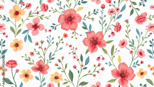 Creative floral print with chamomile flowers, leaves in a hand-drawn style on a dark blue-turquoise background