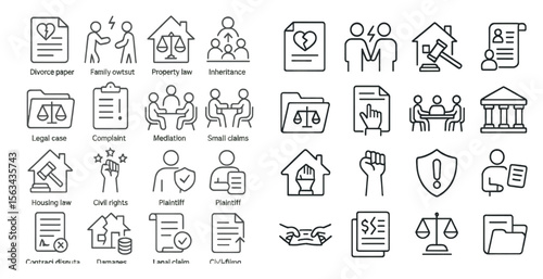 Set of icons for legal matters. The icons include a house, a person holding a sign, a person holding a gavel, a person holding a book, a person holding a pen, a person holding a clipboard