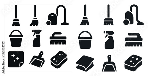 The image is of various cleaning tools and supplies, such as brooms, mops, buckets, and sponges. The black and white color scheme gives the image a classic and timeless feel