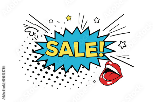 Pop art sale burst with lips and stars vector illustration