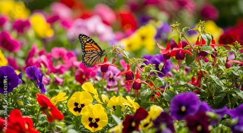 Monarch butterfly in colorful flower garden, Spring garden with butterfly perched on fuchsia flower