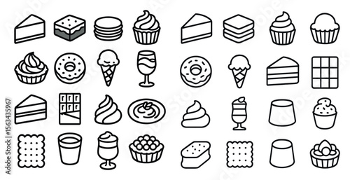 Collection of food items including donuts, cakes, and ice cream. The image is in black and white and has a playful, whimsical feel to it