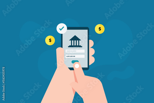 Hand holding a mobile with a banking app, entering the correct user login for secure transactions and payments.