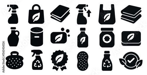 Collection of black and white icons for household items, including a spray bottle, a bottle of soap, a bag, and a jar