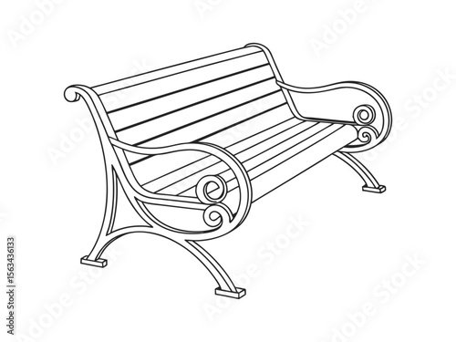 Ornate park bench line art outdoor seating design vector illustration
