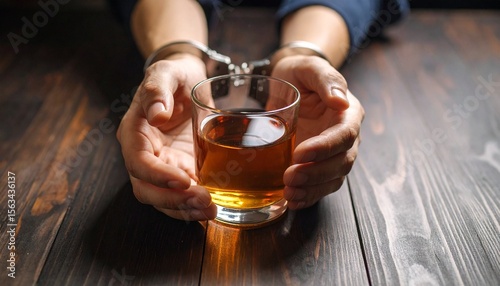 Hands handcuffed to a glass of alcohol, problem of alcohol addiction and alcoholism