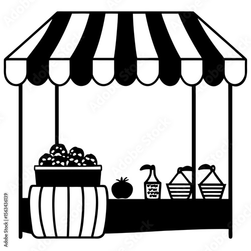 Outdoor vegetable stand with crates of fruits, leafy greens, baskets, price tags, and a striped canopy. Fresh and colorful.