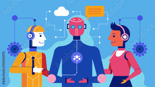 Futuristic illustration of three humanoid robots communicating with digital interfaces in a tech environment