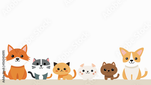 Cute cartoon illustration of six cats and dogs sitting in a row on a white background with copy space