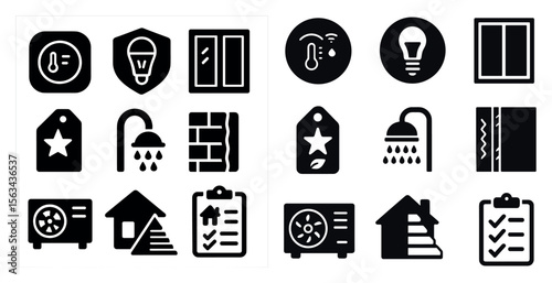 The image is a collection of icons for various home appliances and fixtures. The icons include a light, a thermostat, a shower, a window, and a clock. The icons are all black and white