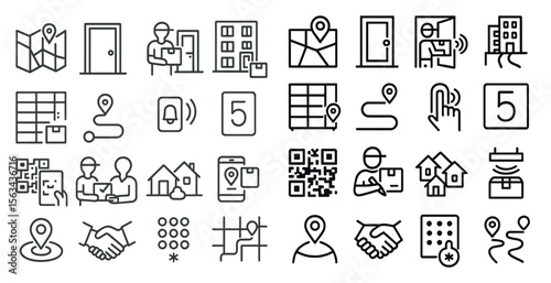 Collection of icons that include a handshake, a building, a house, a person holding a phone, a person holding a package, a person holding a key, a person holding a remote, a person holding a tablet,