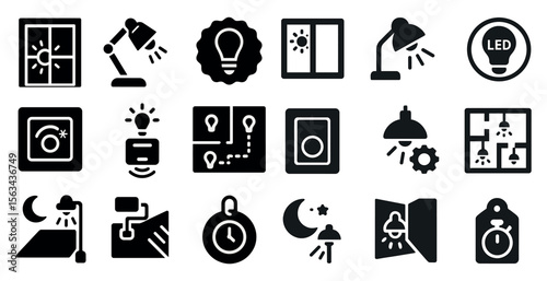Collection of black and white icons for various home appliances and lighting fixtures. The icons include a clock, a light switch, a lamp, and a window. Scene is modern and minimalist