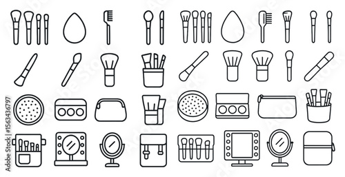 The image showcases a wide variety of makeup brushes and other beauty tools. The collection includes brushes of different sizes and shapes, as well as other items such as sponges, applicators