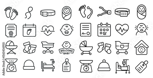 Collection of baby-related icons, including a baby, a stroller, a crib, a pacifier, and a hospital bed