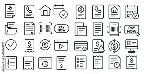 Collection of icons for various payment methods, including pay now, pay later, and pay by phone