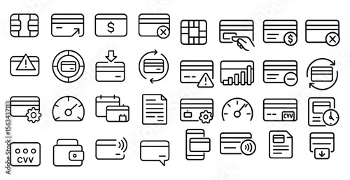 Collection of credit card icons in a black and white style. The icons include a credit card with a red X on it, a credit card with a green arrow, and a credit card with a red arrow