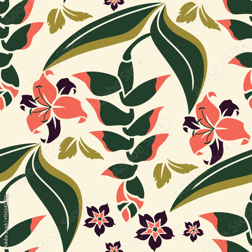 florals Heliconia and stargazer lily fabric pattern vector flat design
