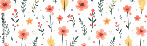 Seamless pattern with colorful camellias, white anemone flowers and eucalyptus