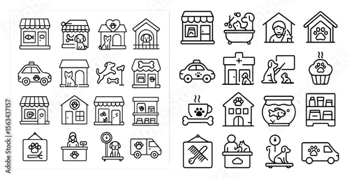 Set of icons for a pet store. The icons include a dog, a cat, a car, a house, a building, a person, a dog house, a dog grooming salon, a dog walker, a dog car wash