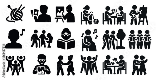 Collection of black and white icons depicting various activities and social interactions. The icons include people reading, playing music, and engaging in other leisurely activities