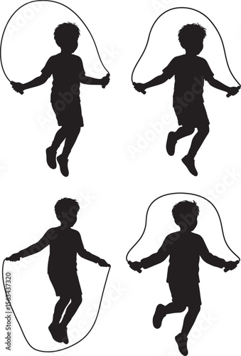 Young Boy Skipping Rope Happily Playful Silhouette Vector Set vector illustration