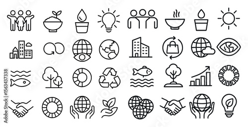 Collection of icons for various concepts such as sustainability, recycling, and environmentalism. The icons include a fish, a light bulb, a tree, and a globe
