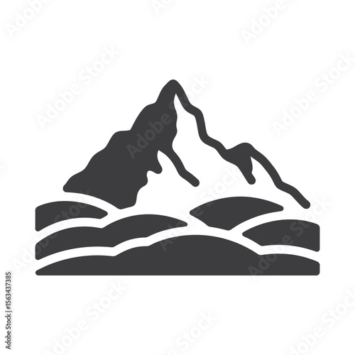 Stylized mountain peak with rolling hills silhouette isolated on white background