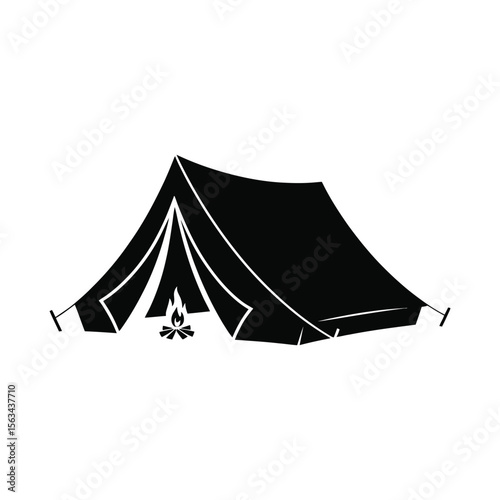 Black silhouette of a camping tent with a campfire isolated on white background 