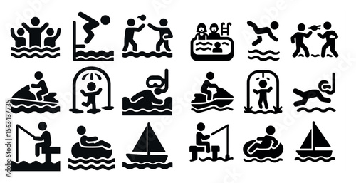Collection of black and white icons depicting various water activities such as swimming, boating, and water skiing