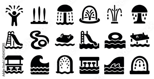 Collection of water-related icons, including a slide, a pool, and a water slide