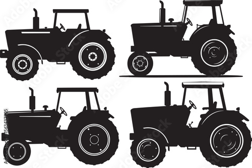 Agricultural Tractor Farm Equipment Silhouette Vector Set vector illustration