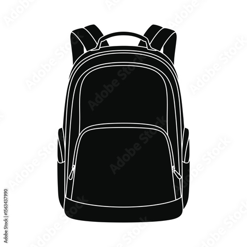 Black backpack silhouette with white outline isolated on white background