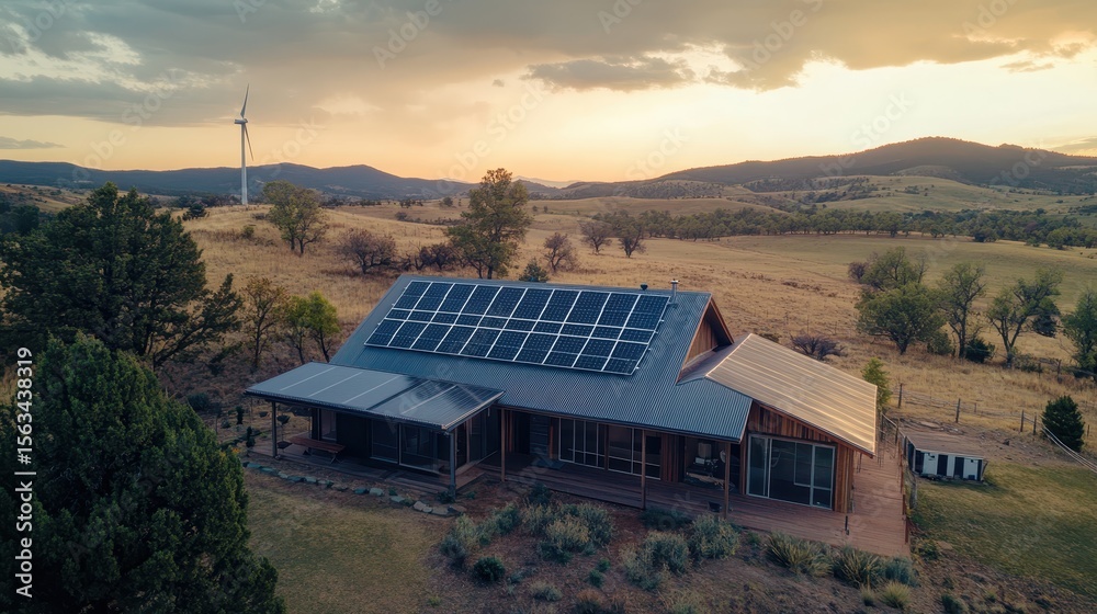 Obraz premium Renewable Energy Hybrid Systems with Solar Panels and Wind Turbine