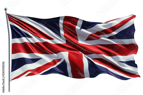 Waving UK flag British flag national symbol patriotism red white blue Union Jack isolated on a transparent background