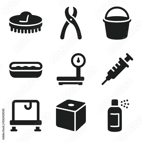 Animal Care Equipment Icons. Solid vector icons of animal care equipment: animal brush icon, hoof trimming tool, feed bucket,